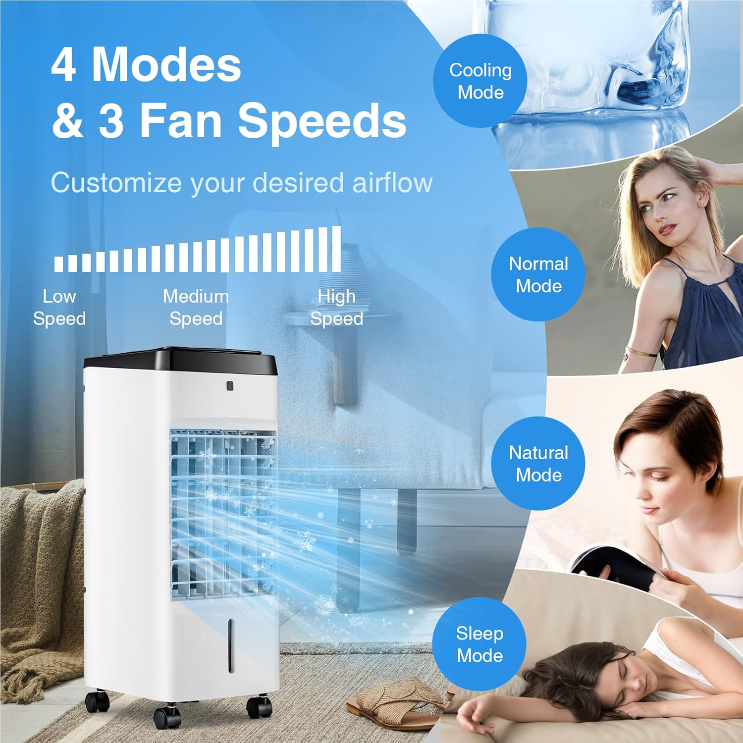 Evaporative Air Cooler, 3-in-1 Air Cooling Fan w/ 3.5L Water Tank & 2 Ice Packs, Remote Control, 4 Modes, 3 Speeds, 12H Timer, 70° Oscillation, Portable Swamp Cooler for Bedroom Home Office