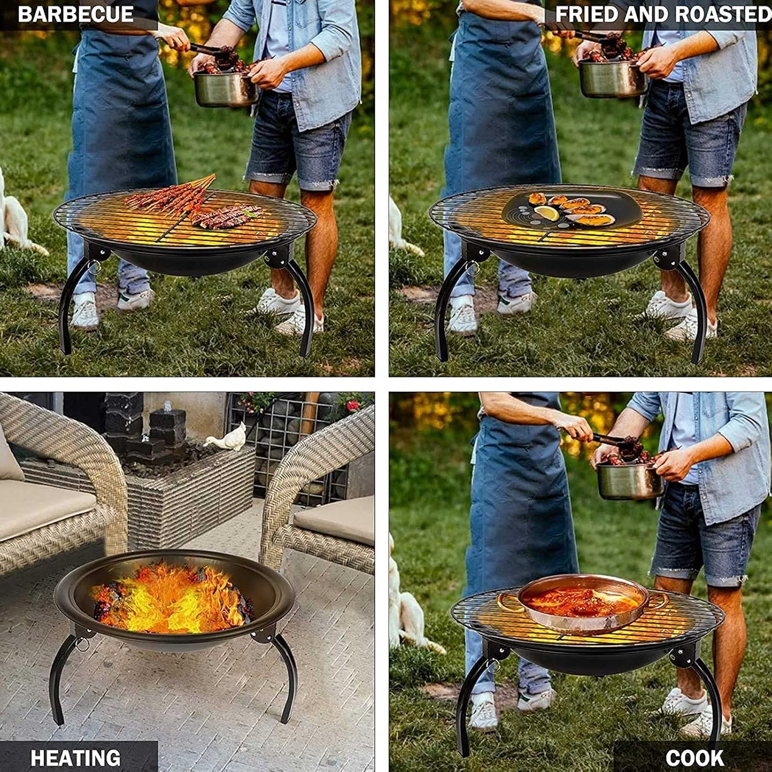 20 Inch oldable Outdoor Firebowl, Wood Burning BBQ Fire Pit with Fireplace Poker Firepits, Log Grate, Poker for Patio Backyard