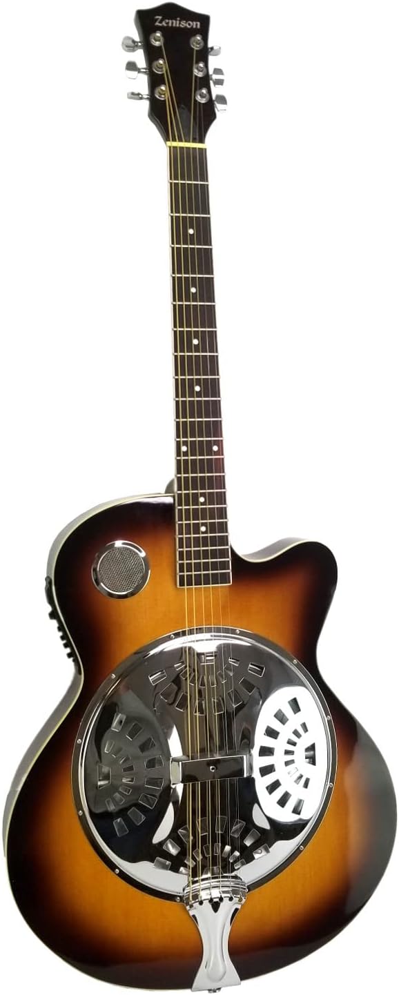 Acoustic Electric Guitar Sunburst Mahogany Traditional Resonator with Built-in Pre Amplifier, Steel Strings