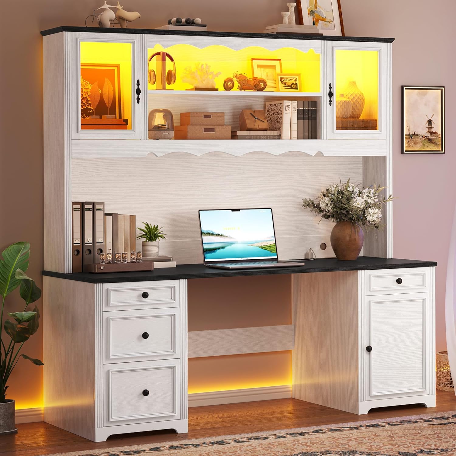 YITAHOME Executive Desk with Hutch and Drawers, Farmhouse Computer Desk with Power Outlet & LED Lights, Home Office Desks with Storage Shelves, Storage Cabinet with Glass Door, White & Black