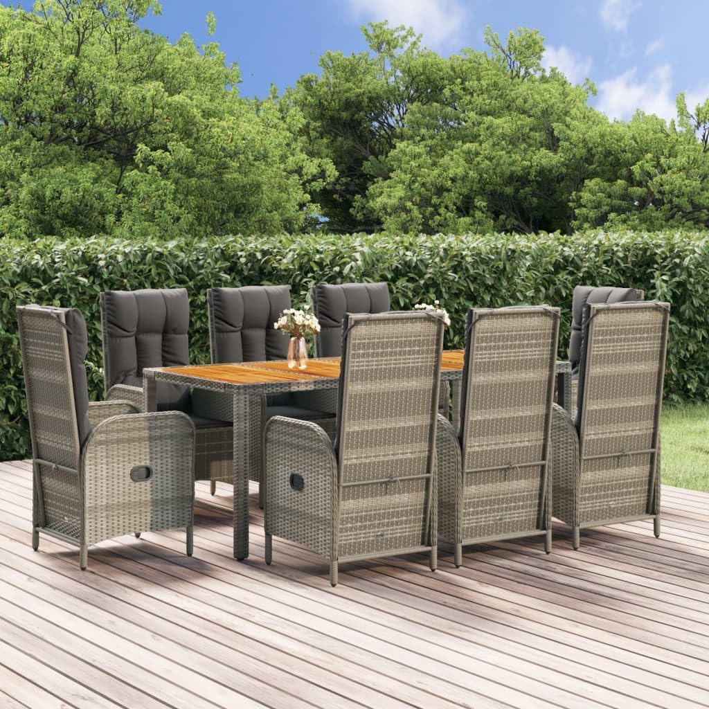 9 Piece Patio Dining Set with Cushions Gray Poly Rattan,Modern Patio Dining Set with Reclining Chairs and Solid Wood Table Furniture Sets for Patio, Lawn & Garden