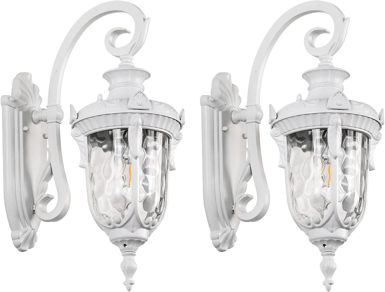 Outdoor Wall Lights, Waterproof Aluminum Porch Wall Light for Outside House, Patio, Yard, Garden, White Gooseneck Exterior Wall Sconce, Hardwired Outdoor Acorn Shape Lantern, Water Ripple Glass, 2pack