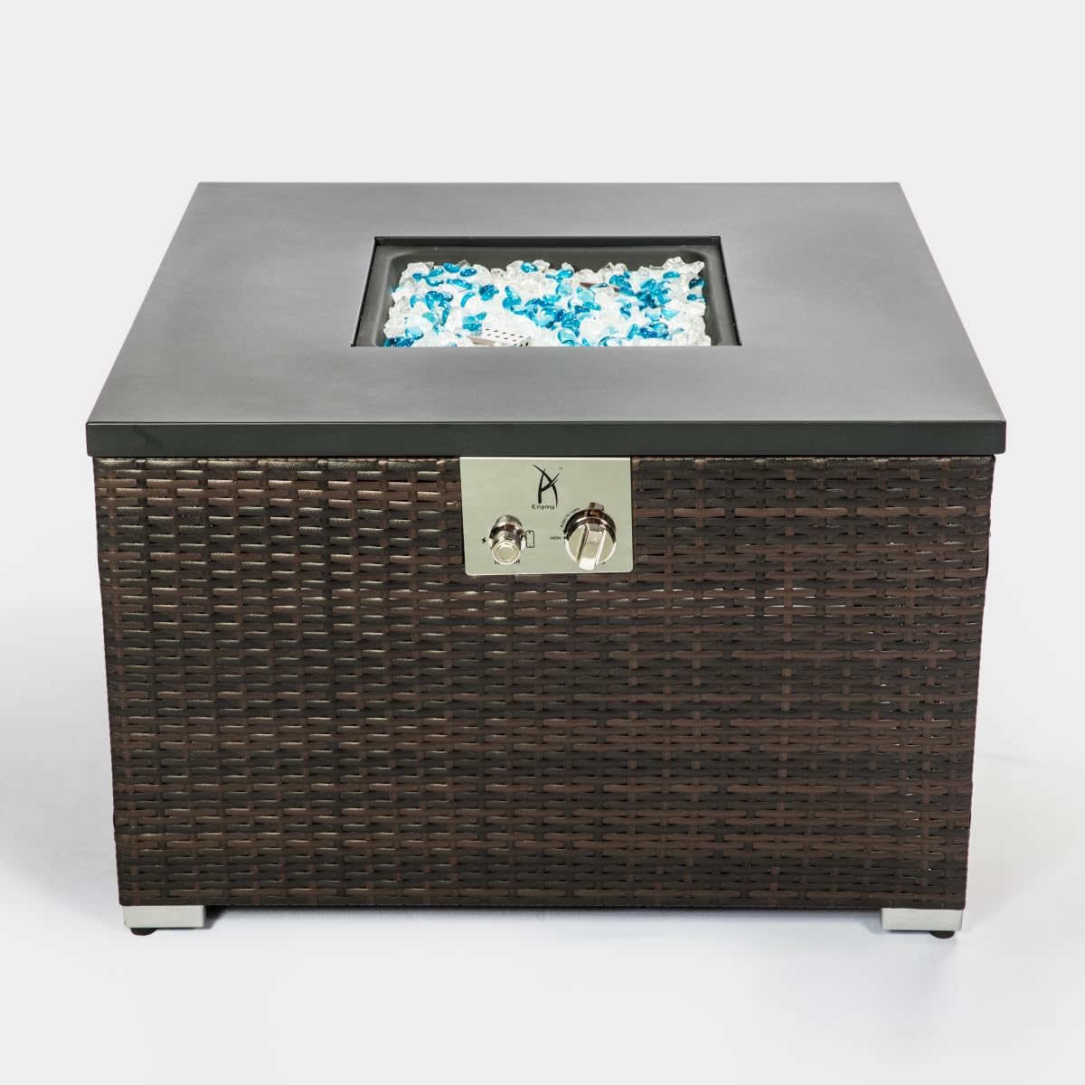 32-inch Square Dark Brown Wicker Propane Fire Pit Table, 40,000 BTU Outdoor Gas Fire Table with Glass Rocks for Patio, Garden, Porch