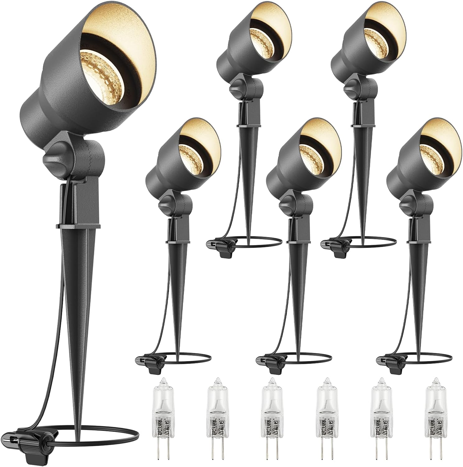 VENUS MANUFACTURING Landscape Lighting Low Voltage Landscape Spotlight Kits 20W Halogen Outdoor 145 Lumen Black Waterproof Flood Lights 12V 2800K Warm White Metal Tree Lights for Garden & Yard 6Pack
