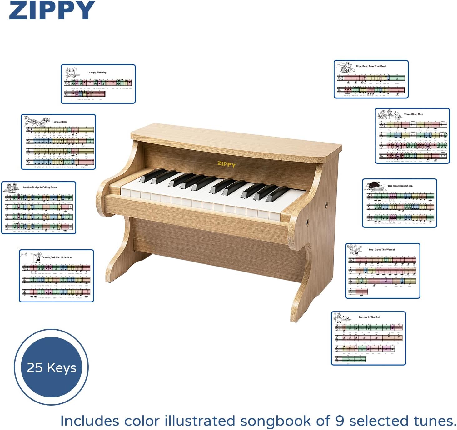 ZIPPY Kids Piano Keyboard, 25 Keys Digital Piano for Kids, Mini Music Educational Instrument Toy, Wood Toy for Toddlers Girls Boys (Oak)