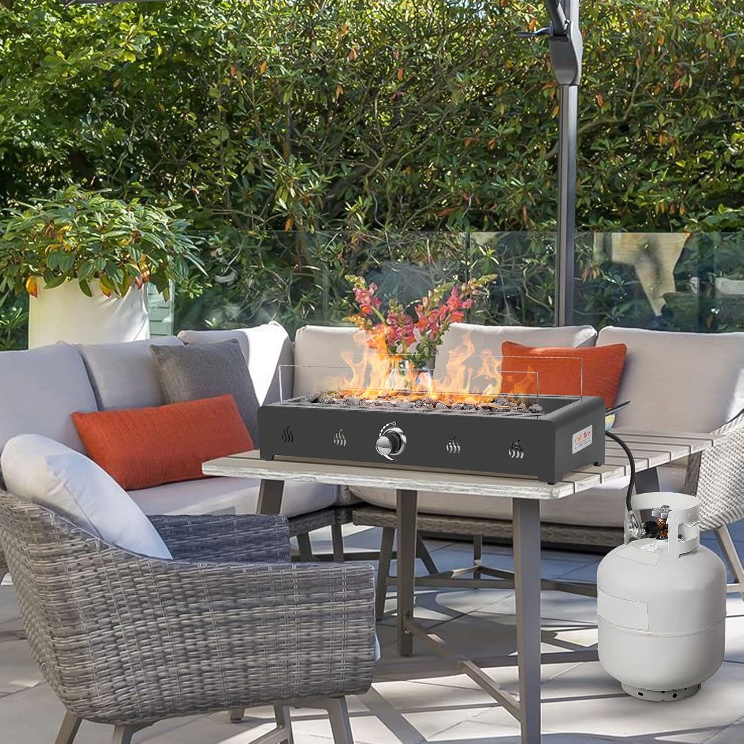 Onlyfire 28'' Tabletop Fire Pit with Cover, Propane Gas Fireplace with Rear Air Inlet, Glass Wind Guard and Lava Rock, Outdoor Patio Rectangular Smokeless Fire Table
