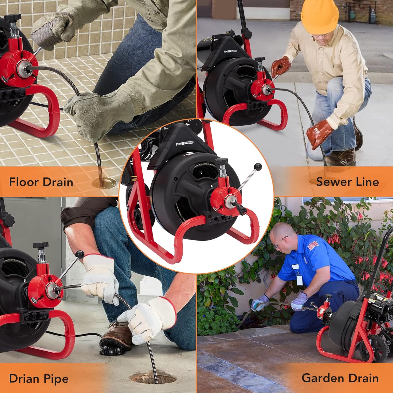 PIONEERWORKS 100Ft x 3/8In Drain Cleaner Machine, Auto-feed Electric Drain Auger Professional 6.8A, Air-Activated Foot Switch, with 6 Cutters, Glove, Drain Auger Cleaner Sewer Snake