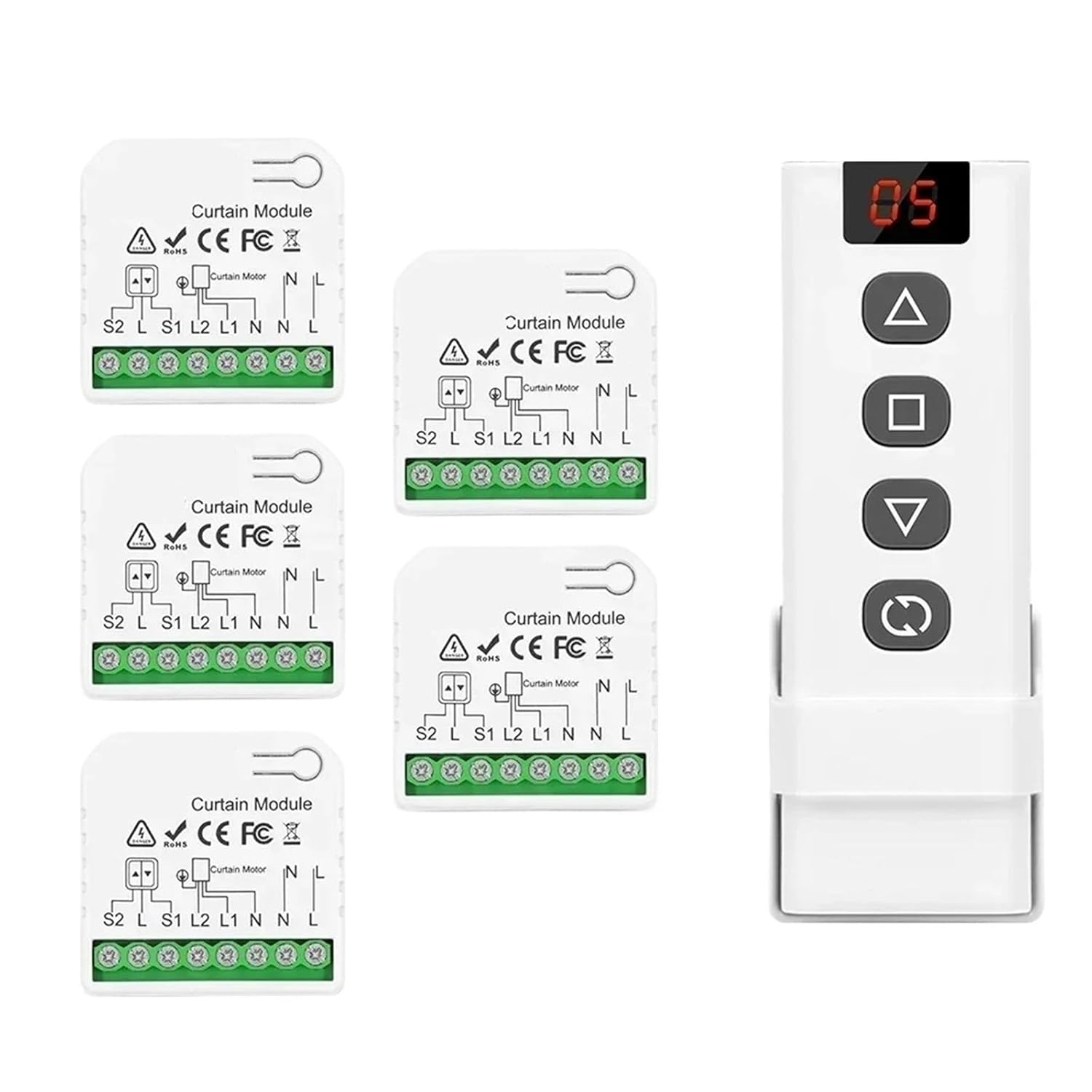 Roller Curtain Switch, 5-in-1 Remote Control Voltage AC110～240V 50～60MHz(5Receiver 1Remote)