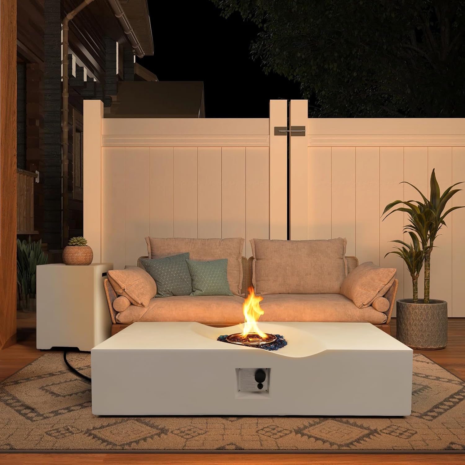 56-inch Outdoor Propane Gas Fire Pit Table Set - 2-Piece 50000 BTU Concrete Rectangular Firepits with Tank Cover, Fire Glass, Rain Cover, White Fire Table for Outside Patio, Garden Party