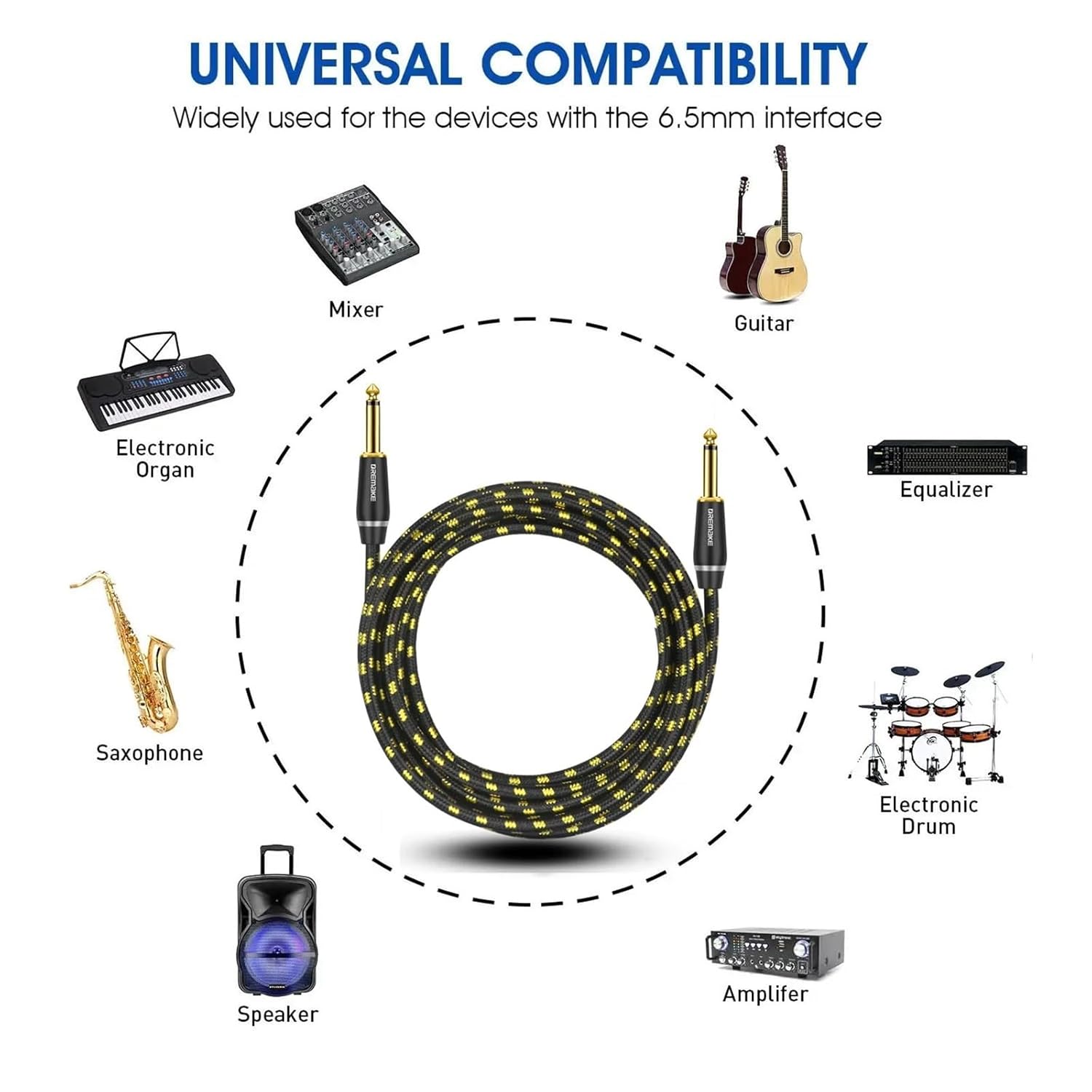 Guitar Cable 6.5mm Instrument Cable Amp Cord 1/4 Inch to 1/4 Inch Audio Cable for Bass Keyboard Mixer Amplifier Speaker and More(6.5mm-TS,3m)