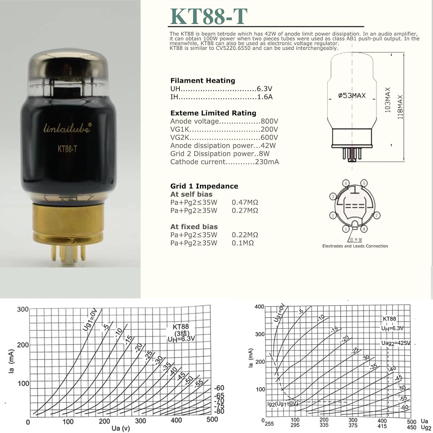 LINLAI KT88-T 1Pair 2PCS Vacuum Hifi Valve Electronic Tube for Class Pairing Audio Amplifier Replaced 42W Power Amplication(2pack in a box)