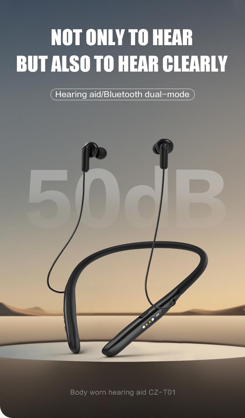 CZ-T01 Neckband Hearing Amplifier & Aids with free APP and Bluetooth 50dB Gain for Moderate-Severe Hearing Loss, 34-Channel Noise Cancelling, 30H Rechargeable,preventing loss, keeping devices safe