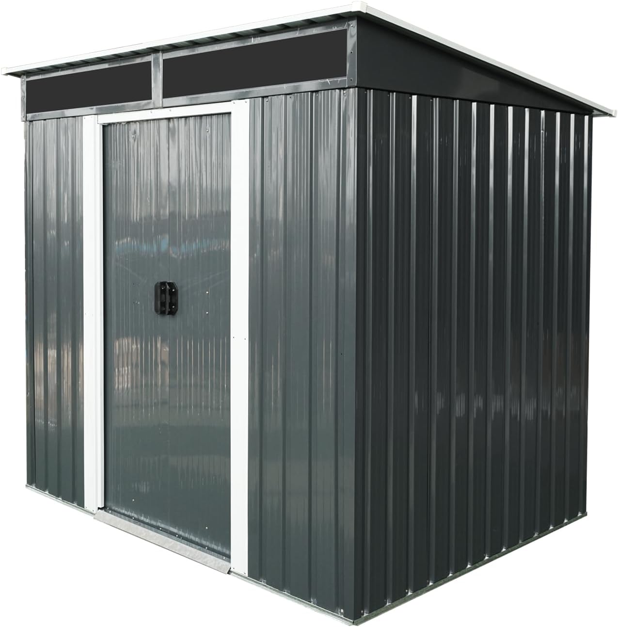 6 x 5 FT Outdoor Storage Shed, Garden Tool Metal Shed with Sliding Doors & Transparent Plate, Tool Shed Tiny House Vertical Outside Storage Building for Backyard, Black/White