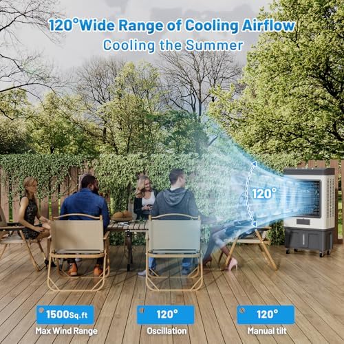 VCJ 6500CFM Swamp Cooler, Evaporative Air Cooler with 19Gal Water Tank, 8 Ice Packs, 120°Oscillation, 3 Speeds, Swamp Cooler Air Conditioner for Outdoor Patio Garage Commercial Industrial Use