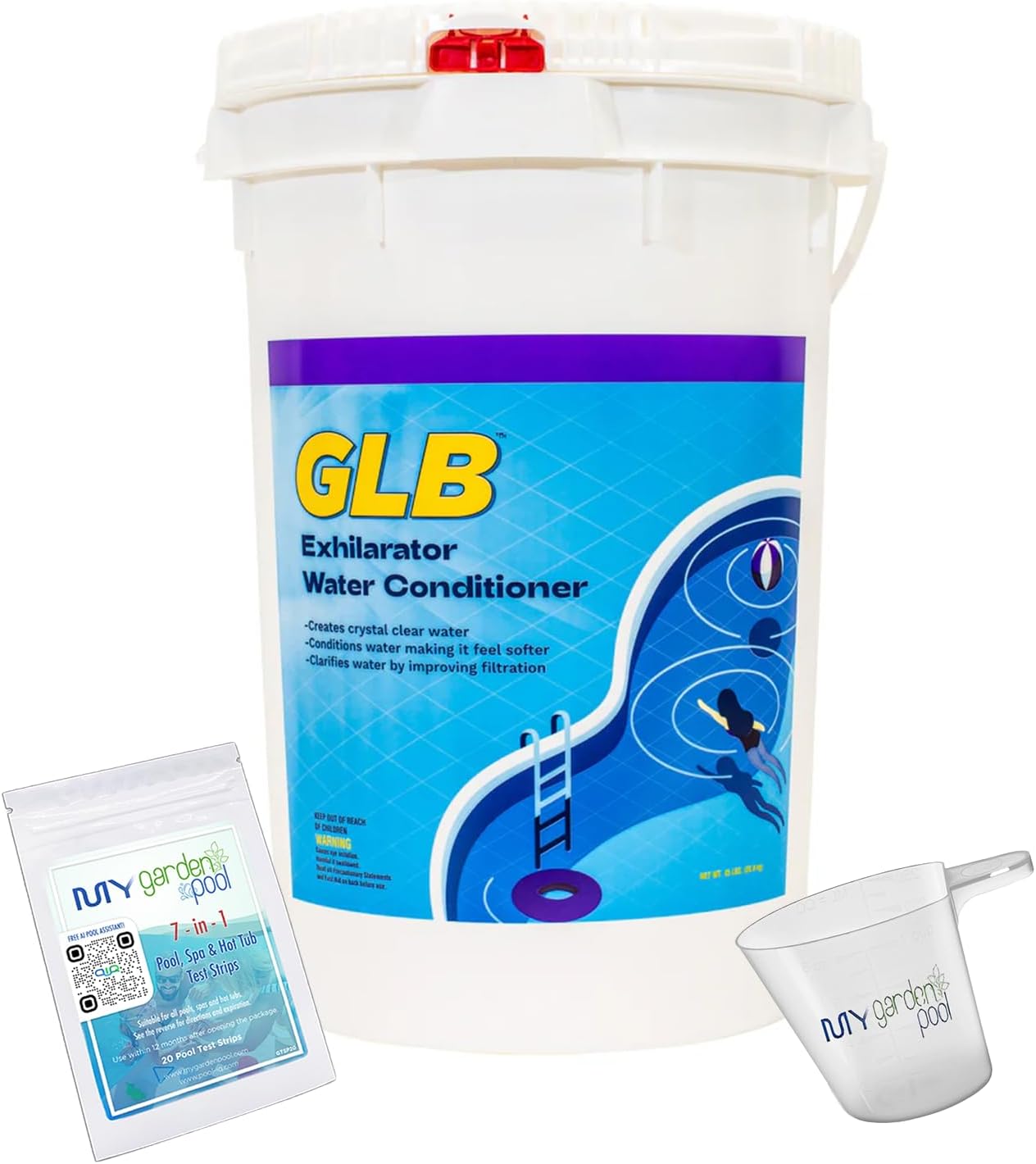 GLB Exhilarator Water Conditioner 45 LB with My Garden Pool 7-in-1 Test Strips & Scum Socks
