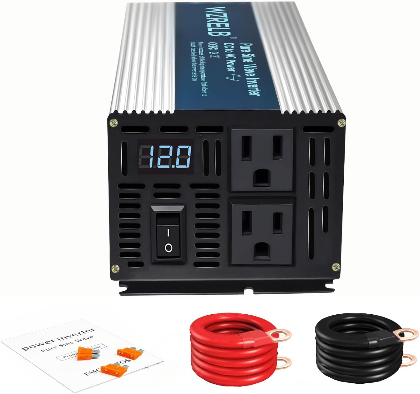 WZRELB 500W Pure Sine Wave Inverter 12V DC to 110V 120V AC Power Converter with LED Display, Off-Grid Portable Power Inverter with 2 AC Outlets for Home, RV, Truck, Camping