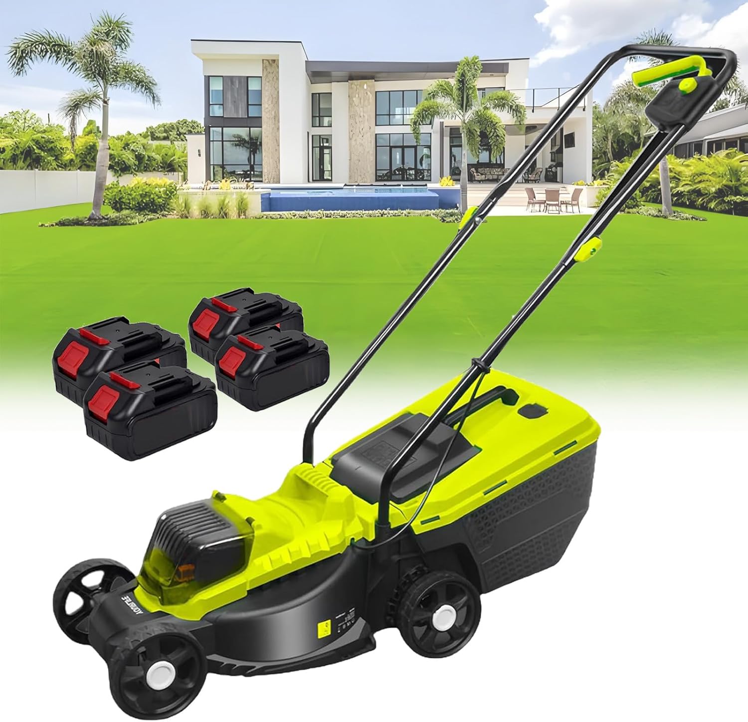 Cordless Push Lawn Mower with 10.6bal Grass Box, 40V Battery Powered Grass Cutting Machine, 30mm/50mm/70mm-Adjustable Cutting Heights, 4000mAh Battery, for Backyard Gardens, Lawns,4 batteries