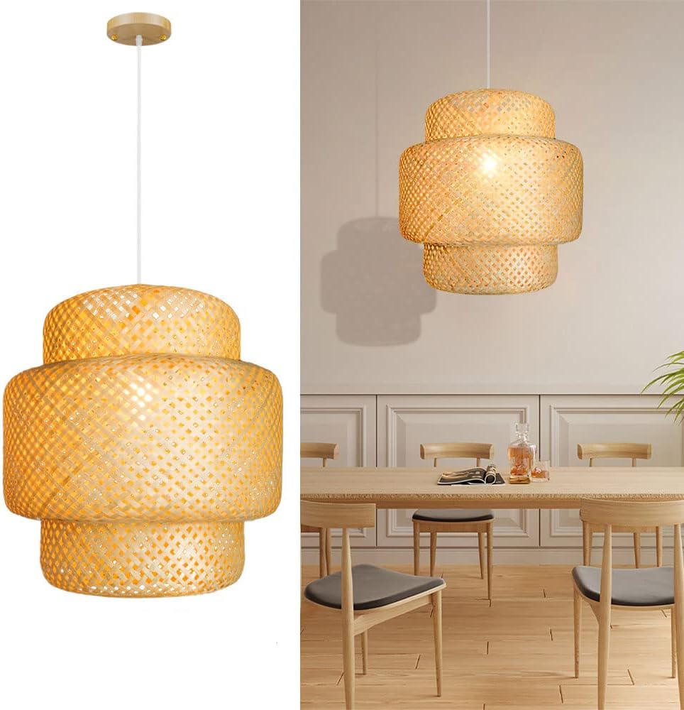 Net Shape Hand-Woven Bamboo Pendant Lighting Fixture Natural Rattan Kitchen Island Hanging Lamp Domed Shape Wicker Lantern Single-Head Suitable for Farmhouse Courtyard Chandeliers