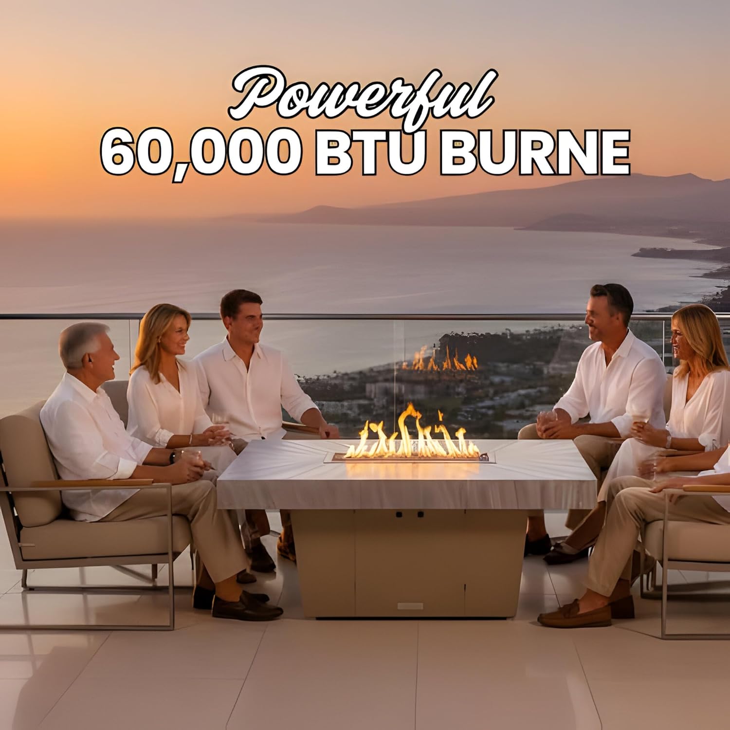 COOKE Palisades Rectangular Fire Pit Table - 52x36 - Chat Height - Natural Gas - Brushed Aluminum Powdercoat Top with 6cm Edge - Beige Powdercoat Base