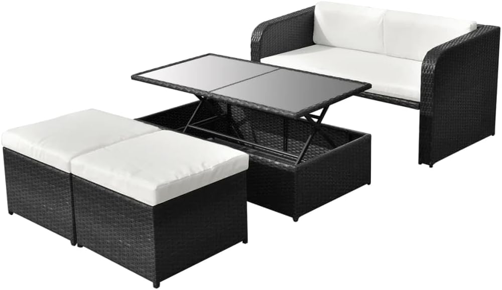 4 Piece Patio Lounge Set with Cushions Poly Rattan Black,Rattan Dining Set with LiftTop Coffee Table for Patio and Garden Patio Furniture Sets, Outdoor Furniture Sets