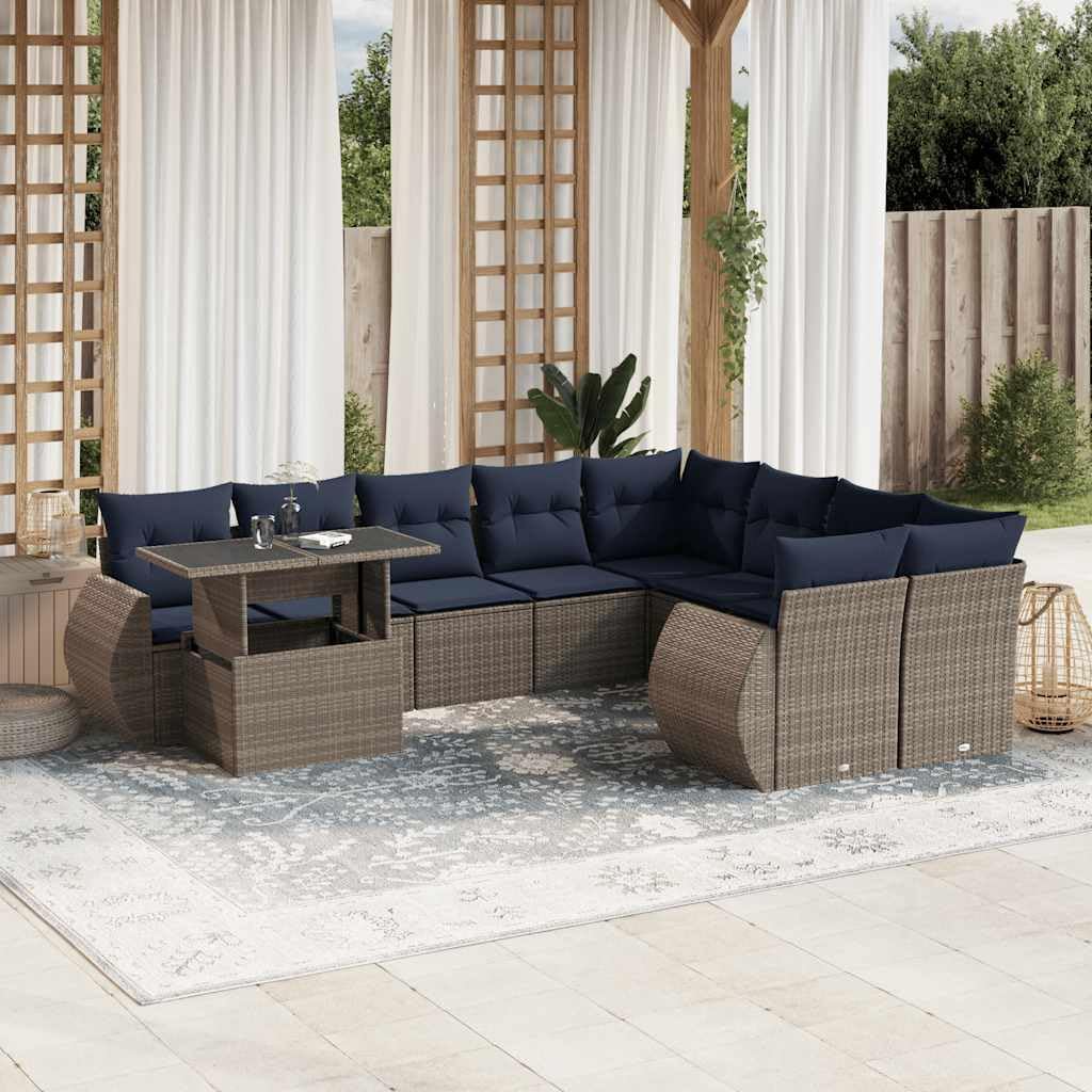 10 Piece Garden Sofa Set with Cushions, Grey Poly Rattan Outdoor Furniture, Adjustable Table, UV-Resistant Patio Dining Sets