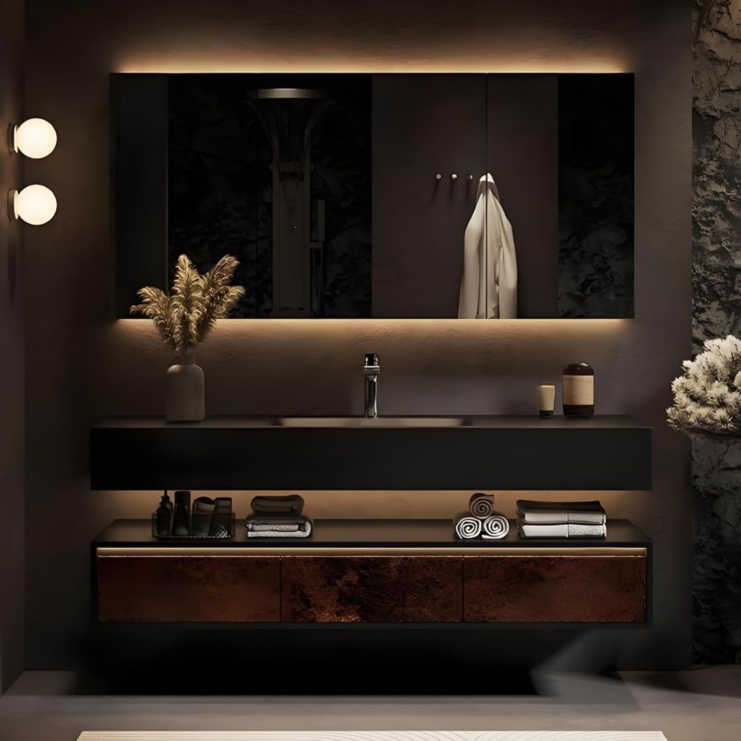 52IN Bathroom Vanity with Sink - Modern Solid Wood Floating Vanity Cabinet, Smart Defrost Mirror, No Hygiene Dead Corners, Silent Drawers, Stylish Bathroom Storage for Renovation,Brown