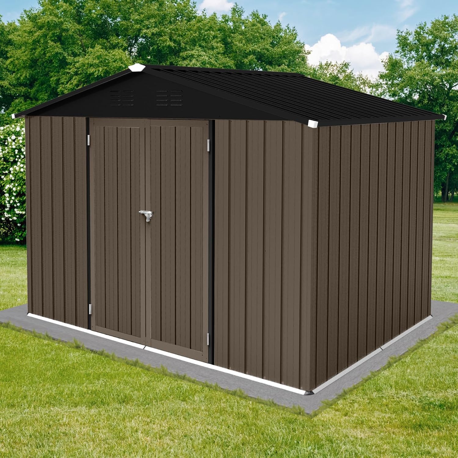 8x6ft Metal Outdoor Storage Shed Waterproof Garden Tool Bike Sheds Kit Lean to Backyard Storage Building Cabinet House,Brown