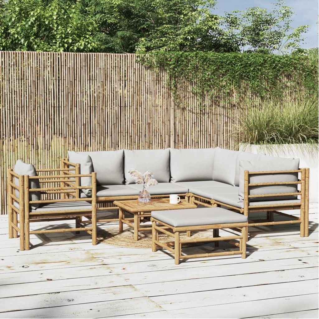 8 Piece Patio Lounge Set with Light Gray Cushions Bamboo,Bamboo Patio Lounge Set: Flexible Comfort and Naturally-derived Elegance for Your Outdoor Space Patio Furniture Sets, Outdoor Furniture Sets