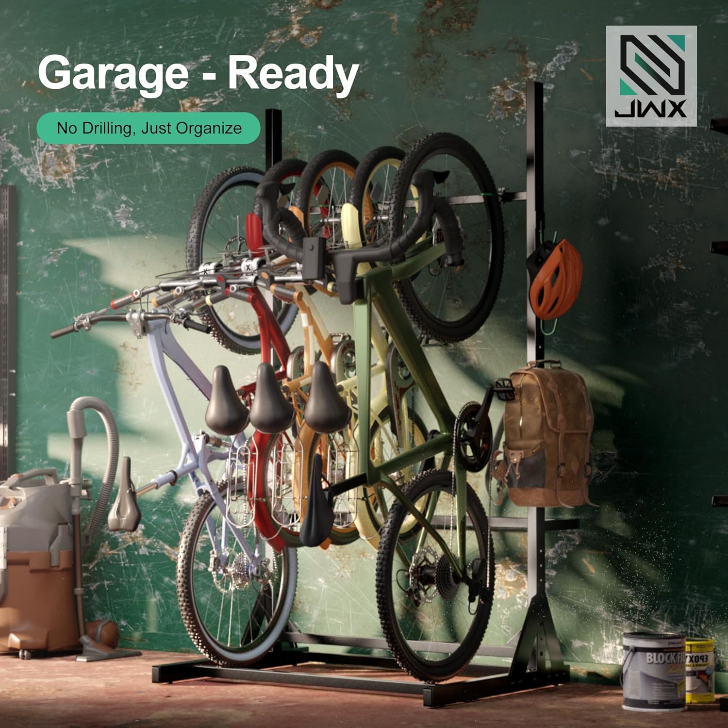 JWX Freestanding 5 Bike Rack, Heavy Duty Floor Bike Stand with Triangle Support Panels, Adjustable Rubber-Coated Hooks, Gear Accessory Holders, Easy Assembly