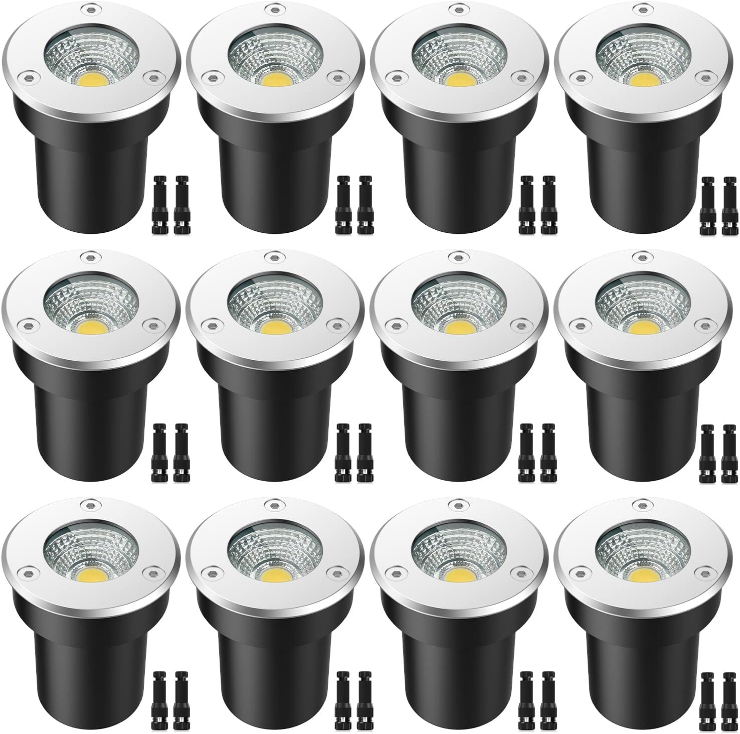 LED Landscape Lights, 12 Pack 7W Ground Lights With 24 Connectors, Low Voltage In-Ground Well Pathway Lighting, Warm White, Waterproof for Driveway, Deck, Step, Garden