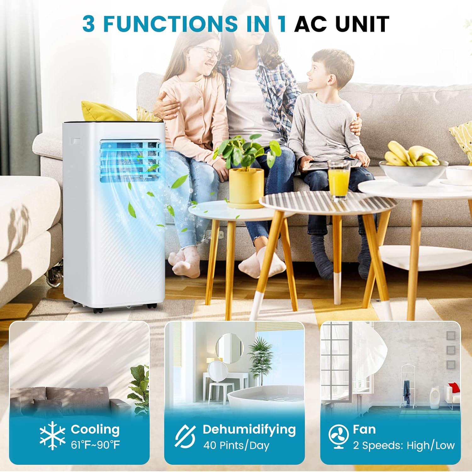 ARLIME Portable 8,000 BTU Air Conditioner, 3 in 1 AC Unit, Fan & Dehumidifier for Rooms up to 350 Sq FT, Quiet AC w/Sleep Mode, 26H Timer, LED Display, Remote Control & Window Kit