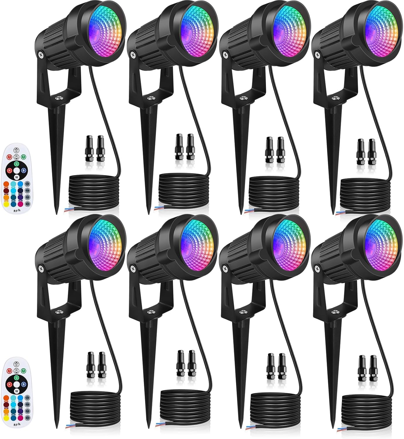 12W LED Landscape Lights Low Voltage, RGBW Color Changing 12V AC/DC Waterproof Outdoor Spotlights with Remote Control, IP65 Garden Pathway Lights with 8 Spike Stands for Christmas Decorative(8 Pack)