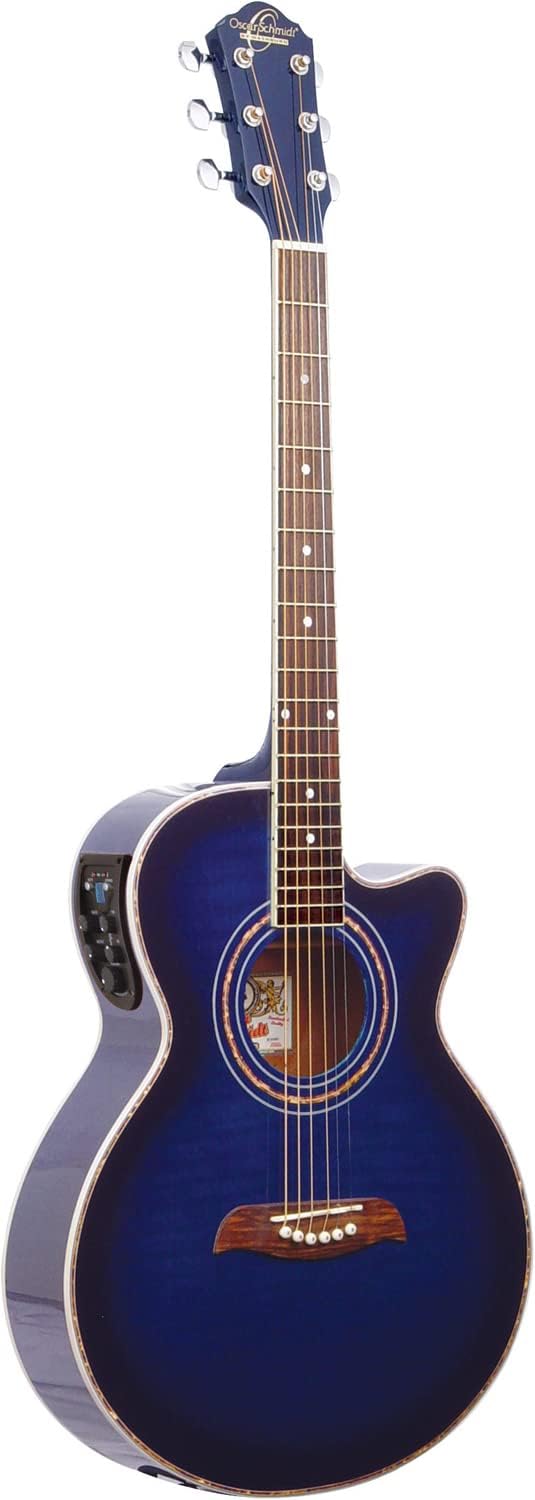 Oscar Schmidt 6 String OG10CE Cutaway Acoustic-Electric Guitar. Flame Trans Blue, Transparent (OG10CEFTBL-A)