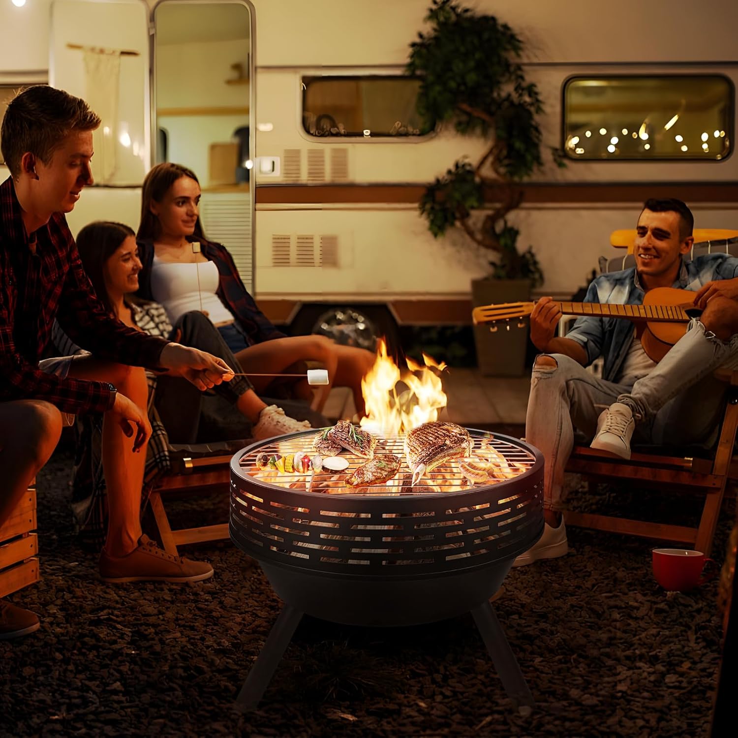 23 Inch Cast Iron Round Fire Pit with Grill, 3-in-1 Outdoor Fire Bowl, Fire Pit Table with Metal Lid and Fire Poker, Wood Burning Firepit for BBQ Bonfire Patio Picnic