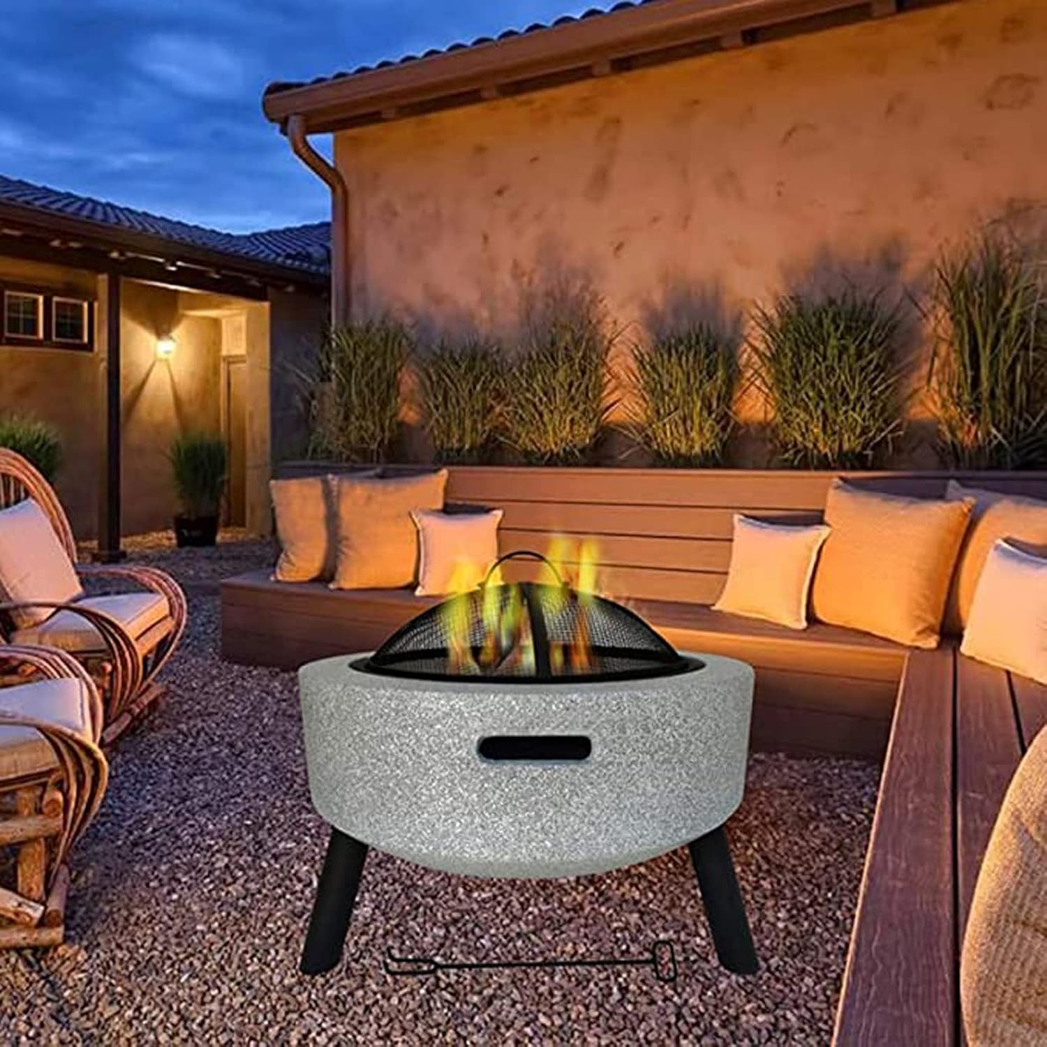 Outdoor Fire Pit Concrete Round and Wood Burning Fire Pit BBQ Grill Firepit Bowl Heaters with Grill Grate 3 in 1 Fireplace for Bonfire Barbecue in The Wild for Camping,White