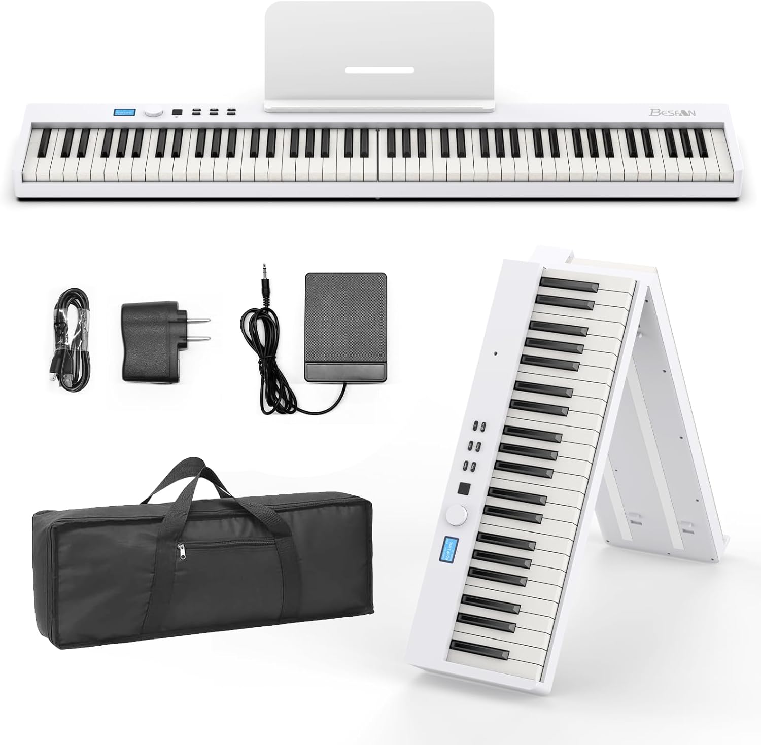 BESFAN 88 Key Keyboard Piano BSP-10F Portable Folding Piano with Semi-Weighted Keyboard, 128 Tones, USB MIDI, Sustain Pedal, Music Stand for Beginners Gifts, White