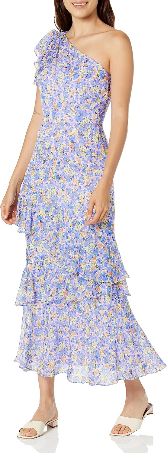 Shoshanna Women's Priya One Shoulder Ruffle Midi Dress