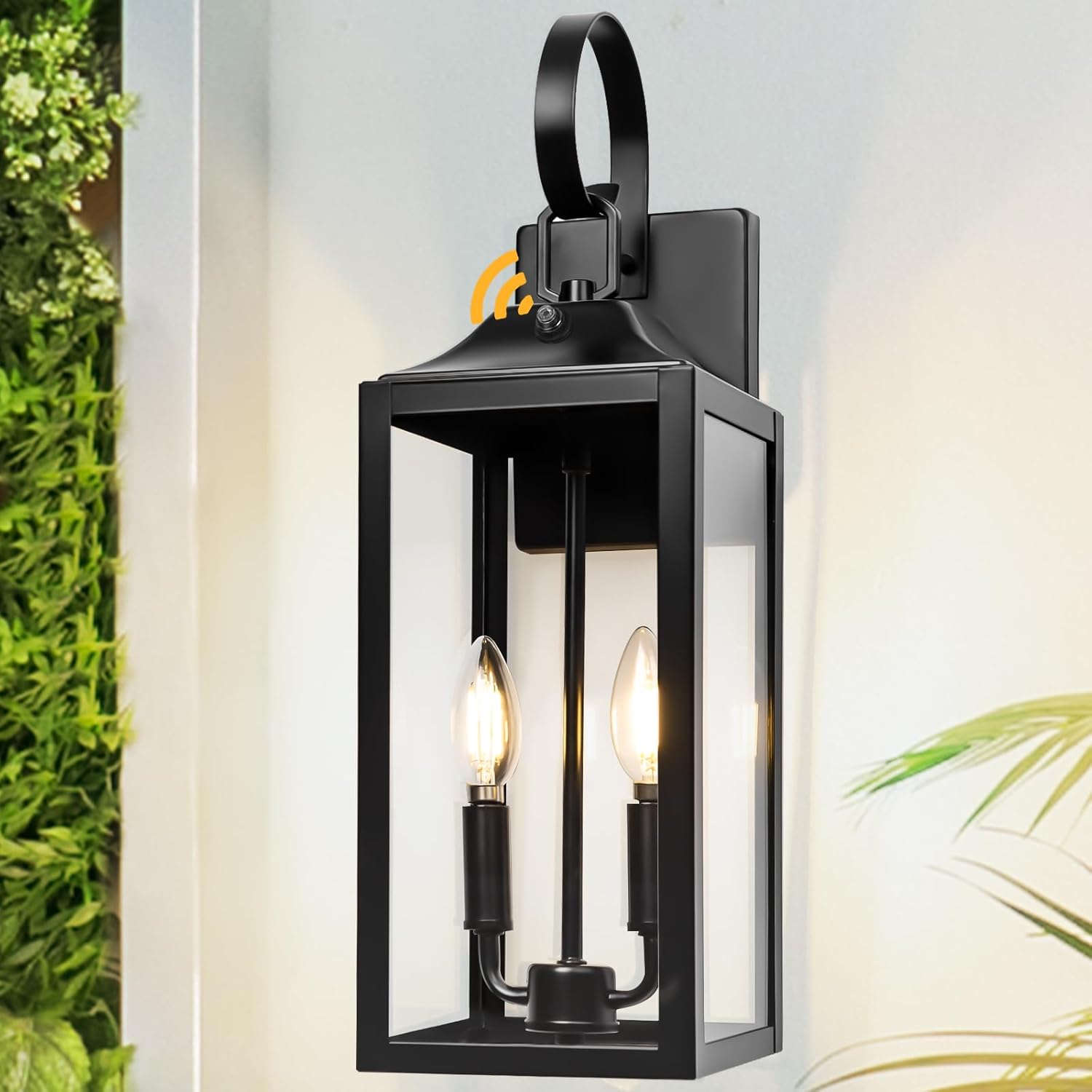 Black Dusk to Dawn Outdoor Wall Lantern 2-Light, 19