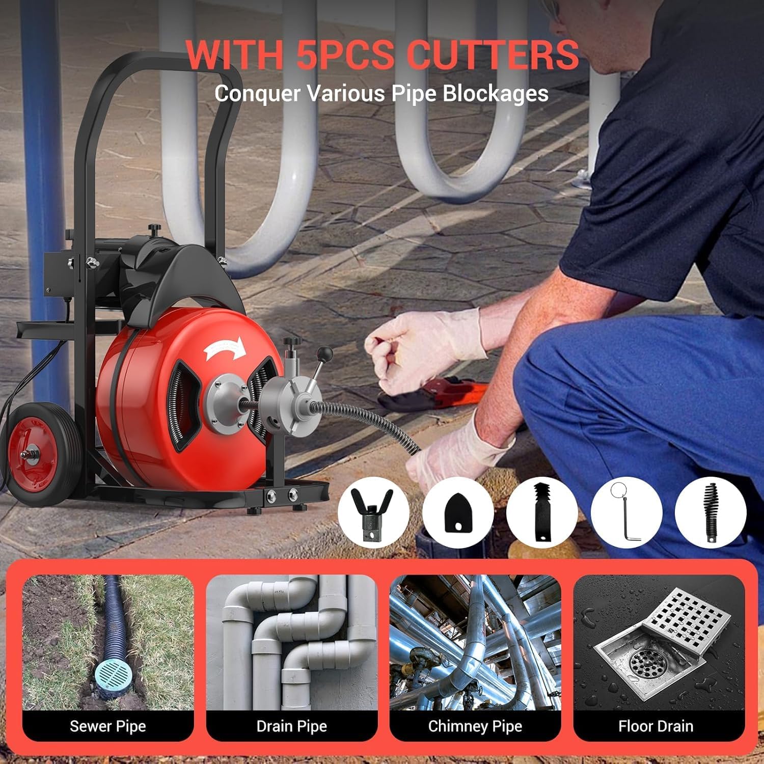 Sewer Snake,Electric Drain Snake with Auto-Feed, 100 ft x 3/4 inch Cable - 450W Portable Drain Cleaning Machine, 6 Cutters & Air-Activated Foot Switch for 4 to 8 inch Pipes