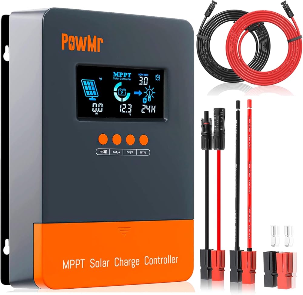 60A MPPT Charge Controller 12V 24V 36V 48V Auto, Solar Charge Controller Regulator 60amp w/Large LCD Display & 10AWG Solar Extension Cable 10 Feet