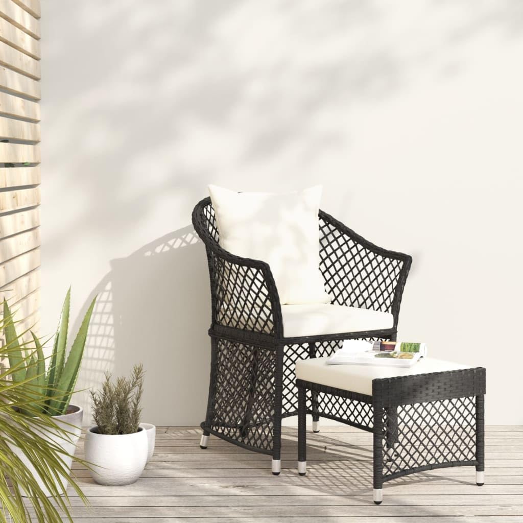 2 Piece Patio Lounge Set with Cushions Black Poly Rattan Garden Furniture