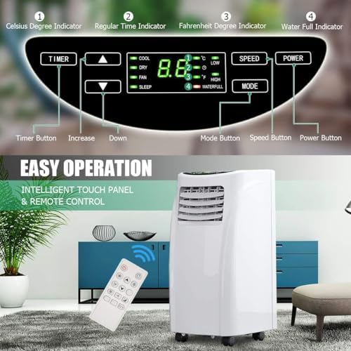 S AFSTAR Portable Air Conditioner 8000 BTU, 3-in-1 Air Cooler with Remote Control, LED Display & Wheels for Home