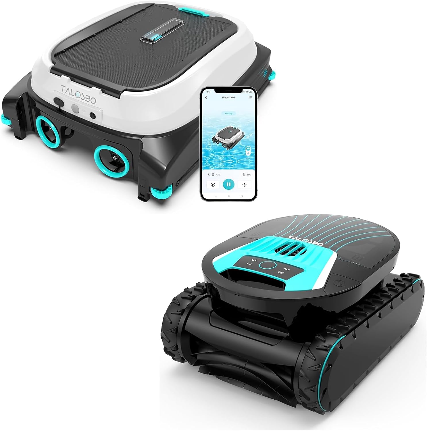 Pleco Pro Cordless Robotic Pool Vacuum Cleaner with Smart App & Route Planning – 210 Min Runtime & Pleco SK01 Solar Powered Robotic Pool Skimmer with APP Support, 24/7 Cleaning