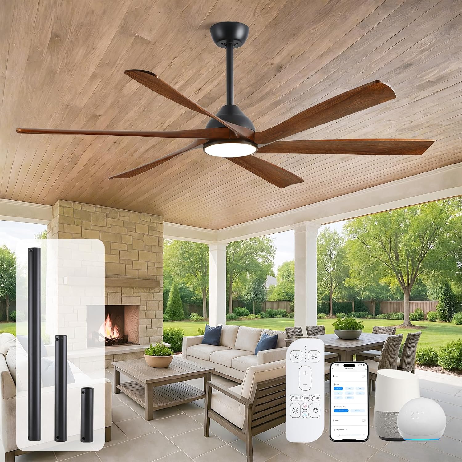 60-Inch Smart Outdoor Ceiling Fan with Light - High CFM Propeller Blades, Rustic Farmhouse Style, Alexa/Tuya App/Remote Control, Quiet DC Motor, Damp Rated for Patio, Porch, Gazebo