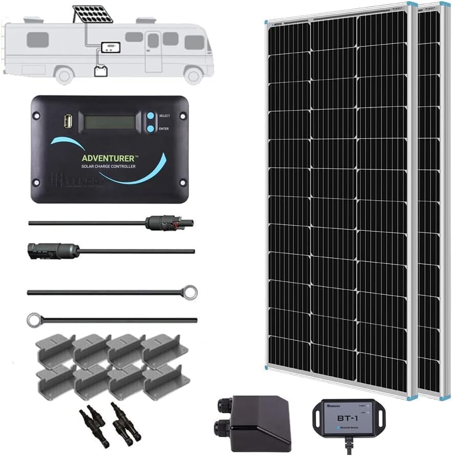 Renogy 200W 12V RV Solar Panel Kit N-Type - Adventurer 30A LCD PWM Charge Controller + Mounting Brackets for RVs, Boats, Trailers, Campers, Marine & Off - Grid Systems