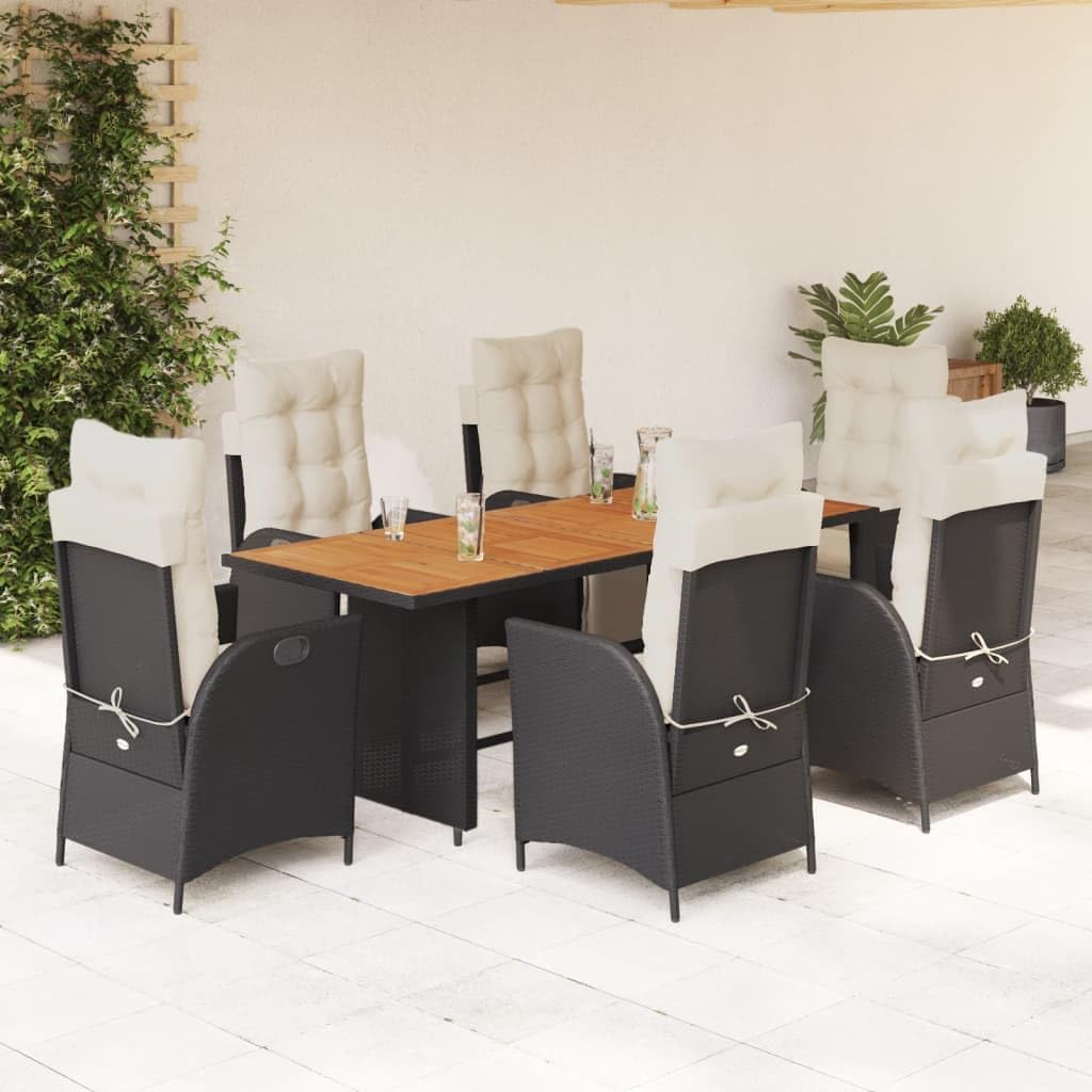 7 Piece Patio Dining Set with Cushions Black Poly Rattan,Outdoor Dining Set with Adjustable Reclining Chairs and Comfortable Cushions for Patio Garden Backyard Patio Furniture Sets, Outdoor Furniture