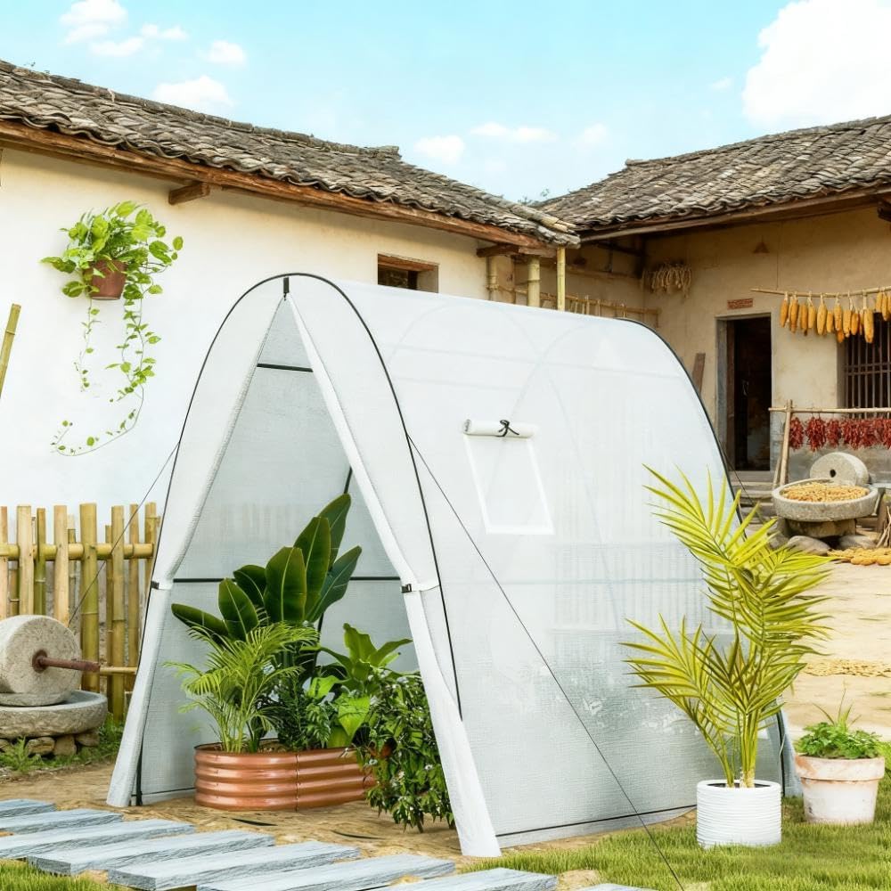 Walk-in Greenhouses Kit for Outdoors, Portable Plastic Outdoor Greenhouse for Winter Protection, Heavy Duty Steel Frame Garden House,White