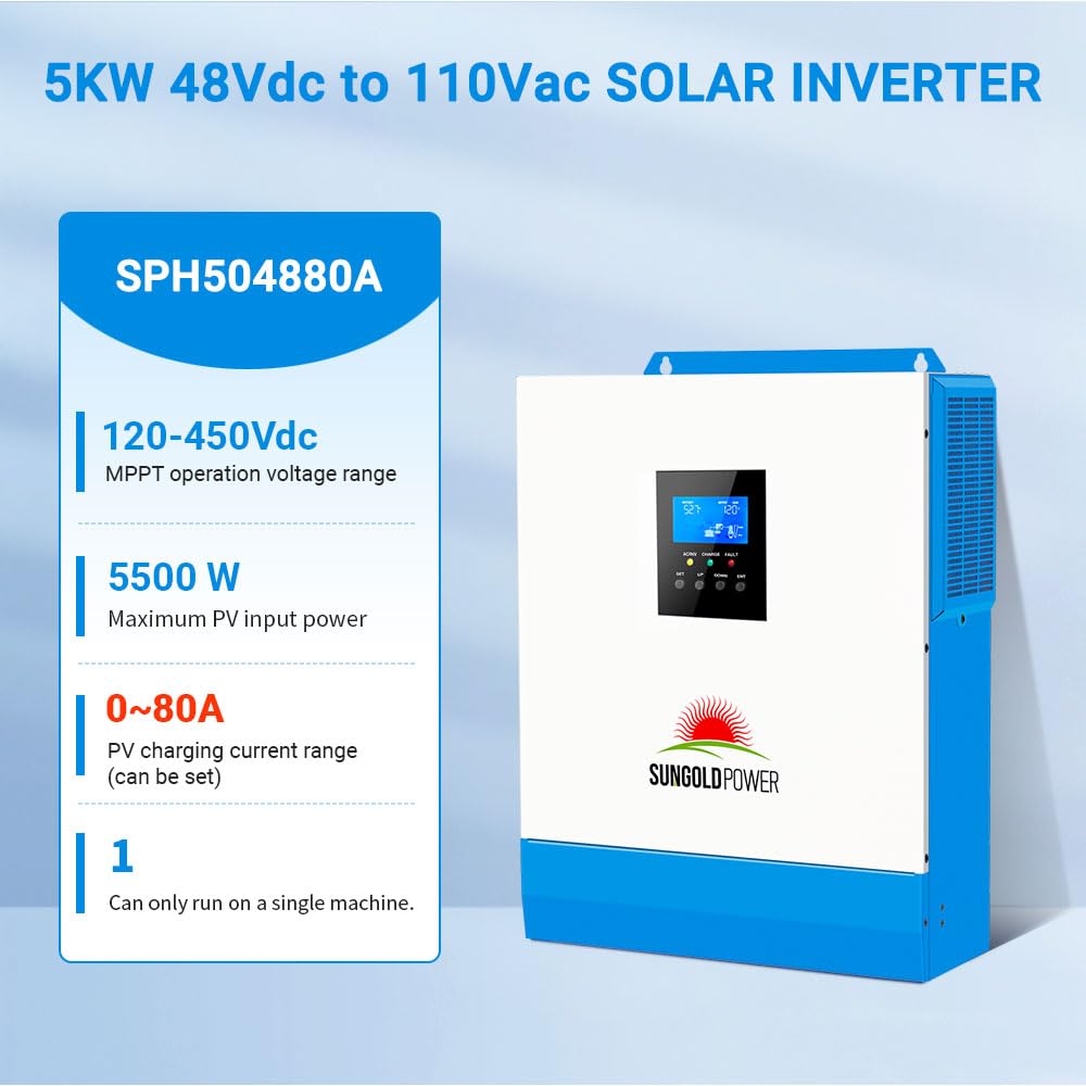 SUNGOLDPOWER UL1741 5000W Hybrid Solar Inverter,48V DC to 110V/120V AC,All in One,80A MPPT Solar Charger and 40A AC Battery Charger Pure Sine Wave for Off Grid System(NO Parallel)