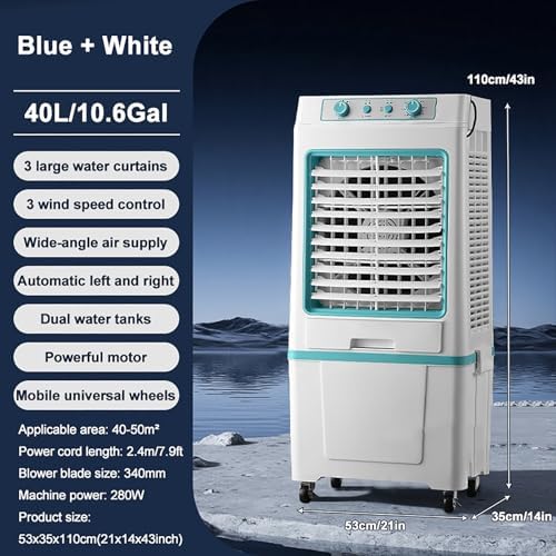 Swamp Cooler Air Conditioner Portable, 3-Speed Fan, 9000CFM Powerful Evaporative Air Cooler, 3-IN-1 Humidifying Cooling Fan for Home, Shop, Factory, Garage(Blue)