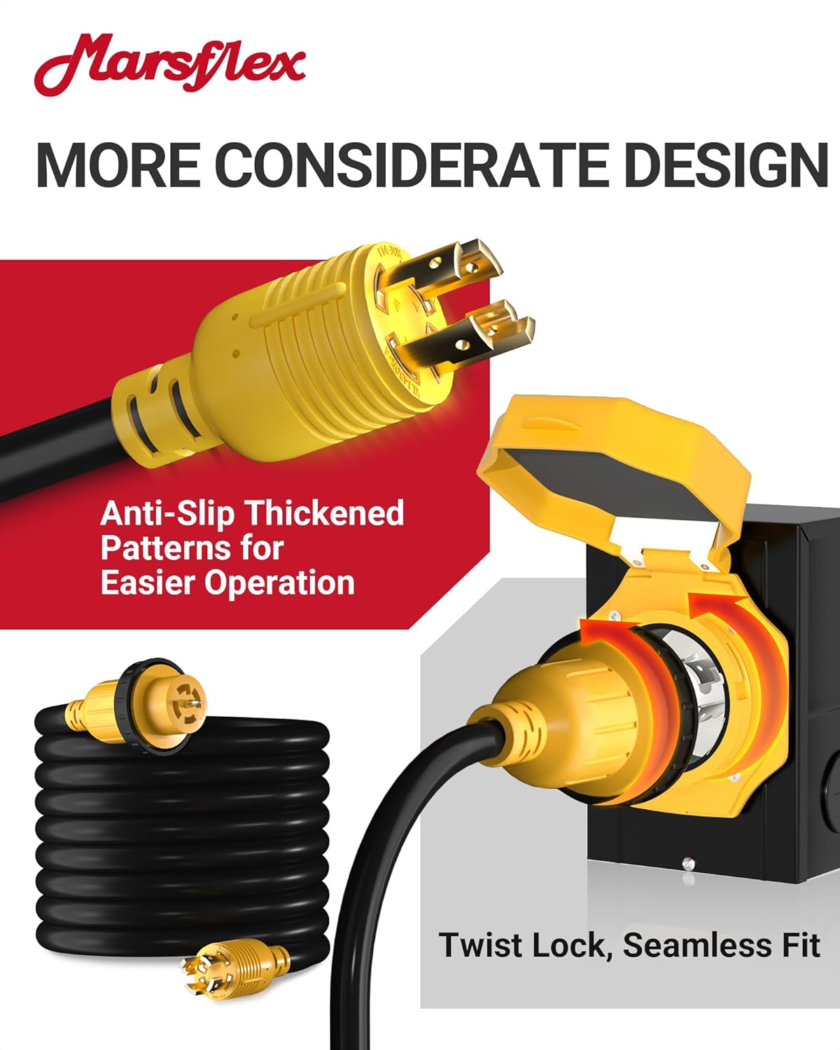 Marsflex 25FT 30 Amp Generator Cord and Power Inlet Box, Pre-Drilled Generator Inlet Box with NEMA L14-30P / L14-30R Generator Cord, for 125/250 Volt 7500 Watts, Weatherproof Outdoor Use, ETL Listed